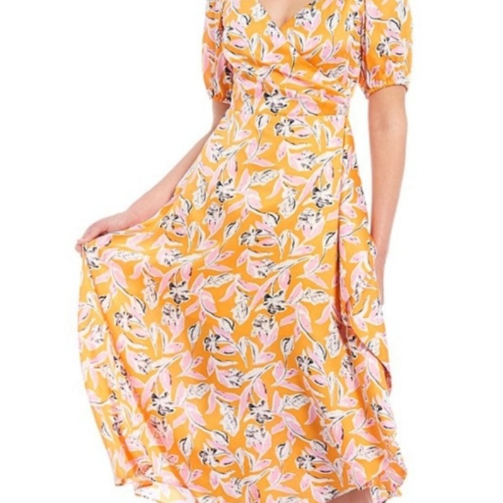 NWT Sachin Babi AVA Orange Pink Floral Ruffle Midi Wrap Dress Puff Sleeve